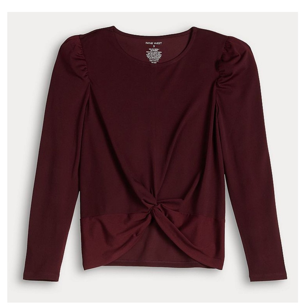 Nine West Burgundy Twist Front Long Sleeve Blouse M NWT